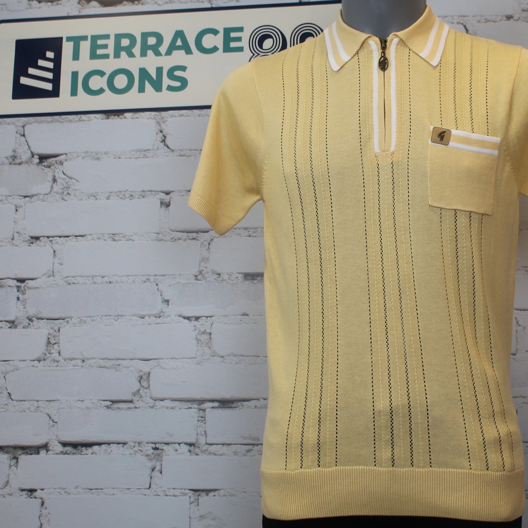 Gabicci Vintage Johnson Short Sleeve Zip Neck Knit Polo - Lemon