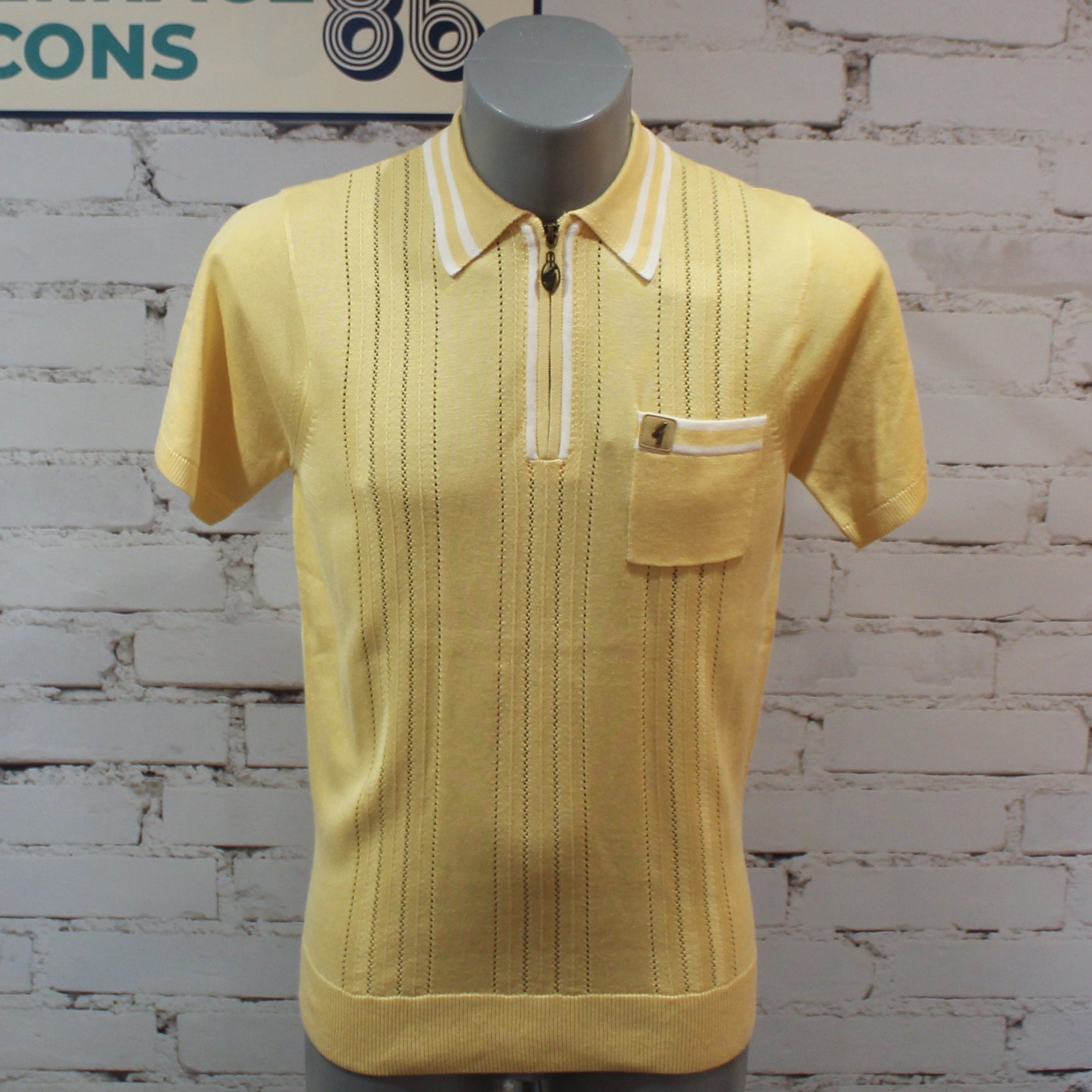 Gabicci Vintage Johnson Short Sleeve Zip Neck Knit Polo - Lemon