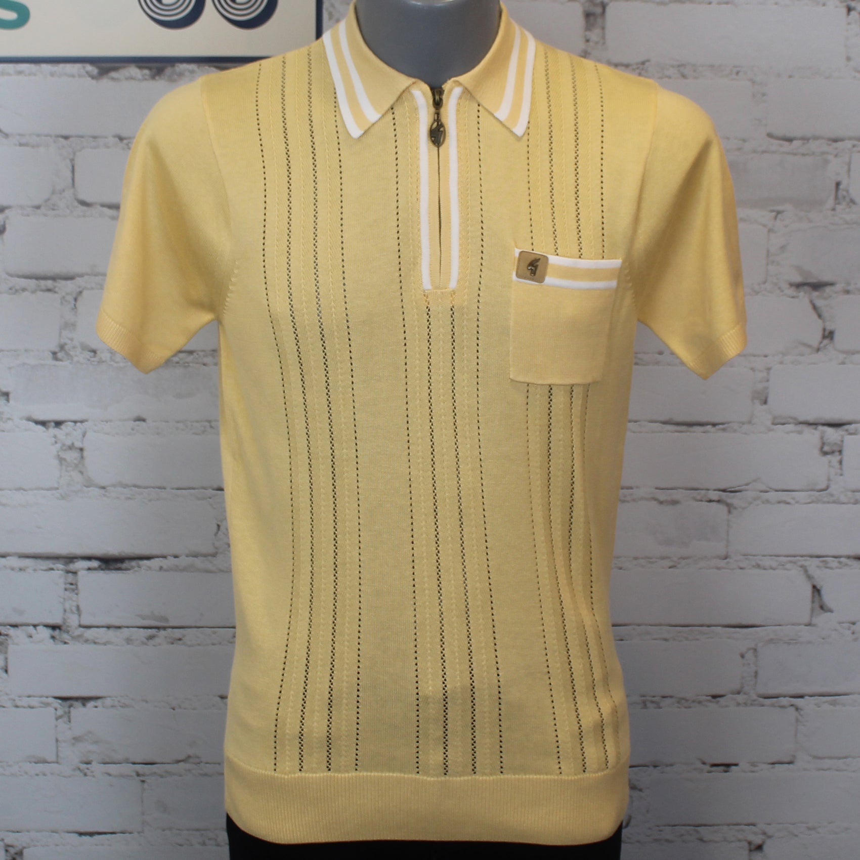 Gabicci Vintage Johnson Short Sleeve Zip Neck Knit Polo - Lemon