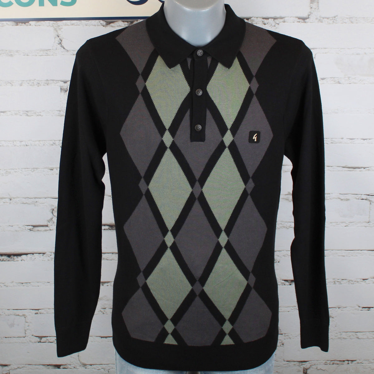 Gabicci Vintage Bond Long Sleeve Argyle Knit Polo - Black