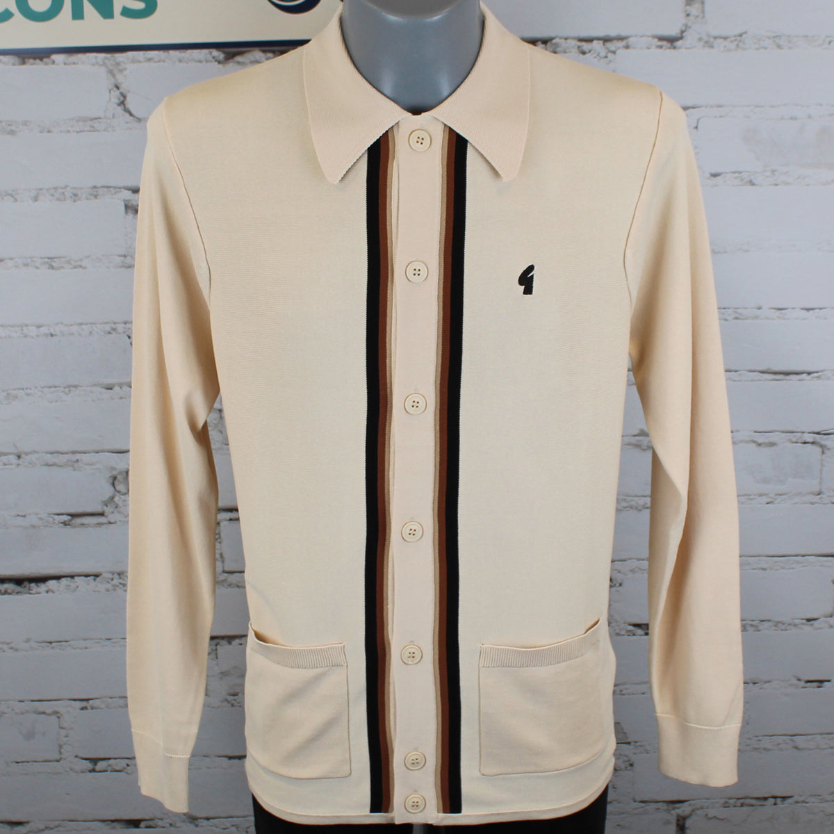 Gabicci Vintage Archive Bromley Long Sleeve Full Button Knit Polo - Cream