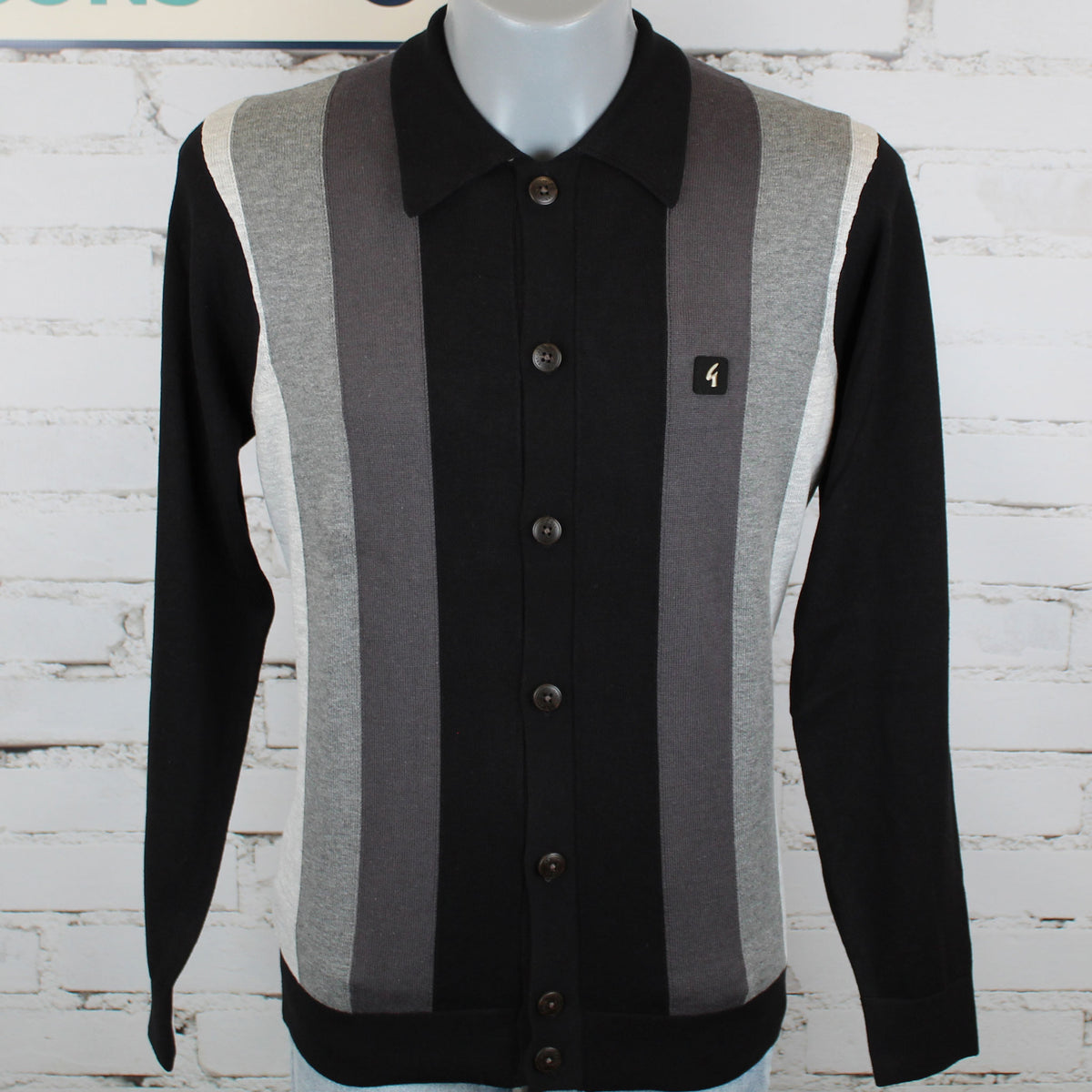 Gabicci Vintage Pedro Long Sleeve Full Button Striped Knit Polo - Black