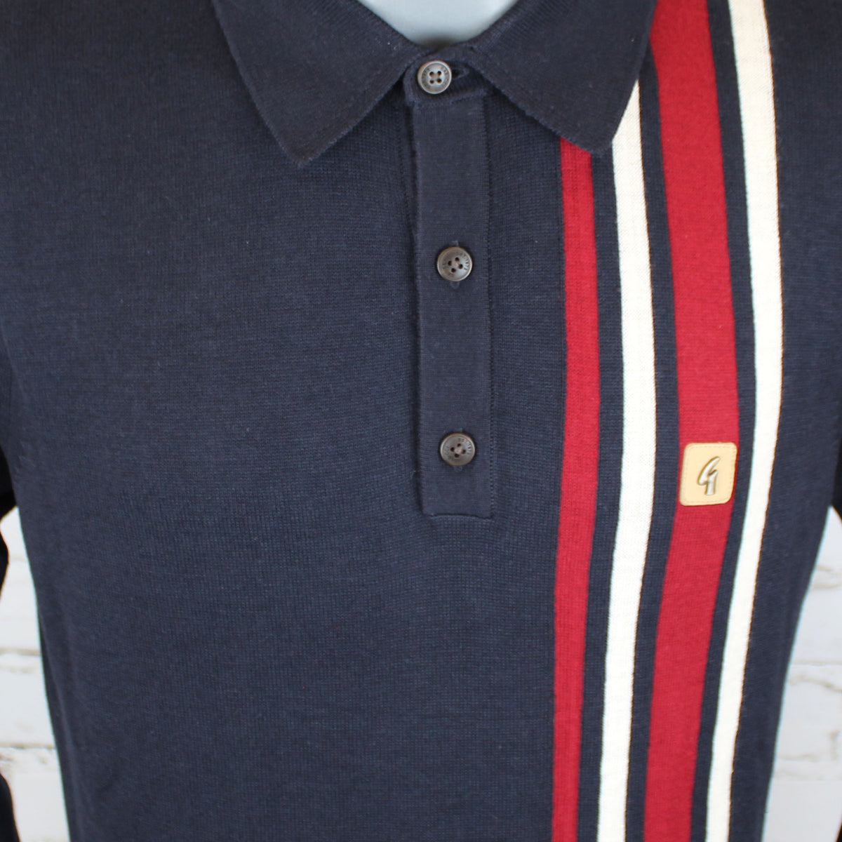 Gabicci Vintage Soda Long Sleeve Striped Knit Polo - Navy