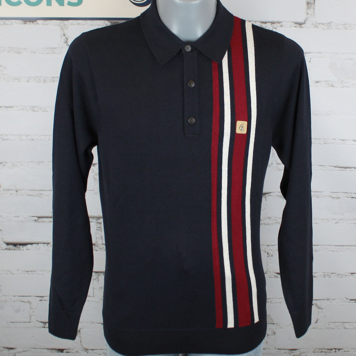 Gabicci Vintage Soda Long Sleeve Striped Knit Polo - Navy